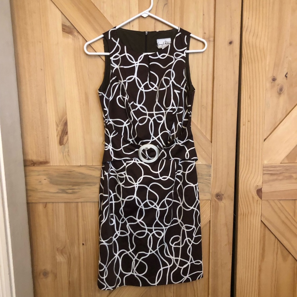 Joseph Ribkoff  Sleeveless Brown & White Patterned Belted Sheath Dress Size 4